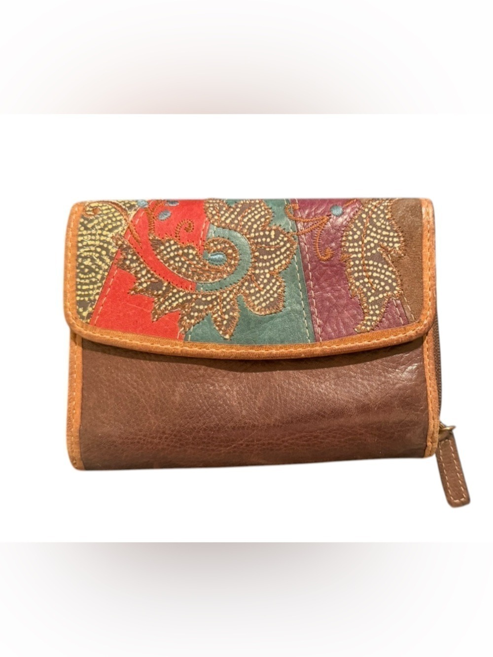 Vintage Fossil Patchwork Floral Embroidered Tri-Fold Leather Wallet